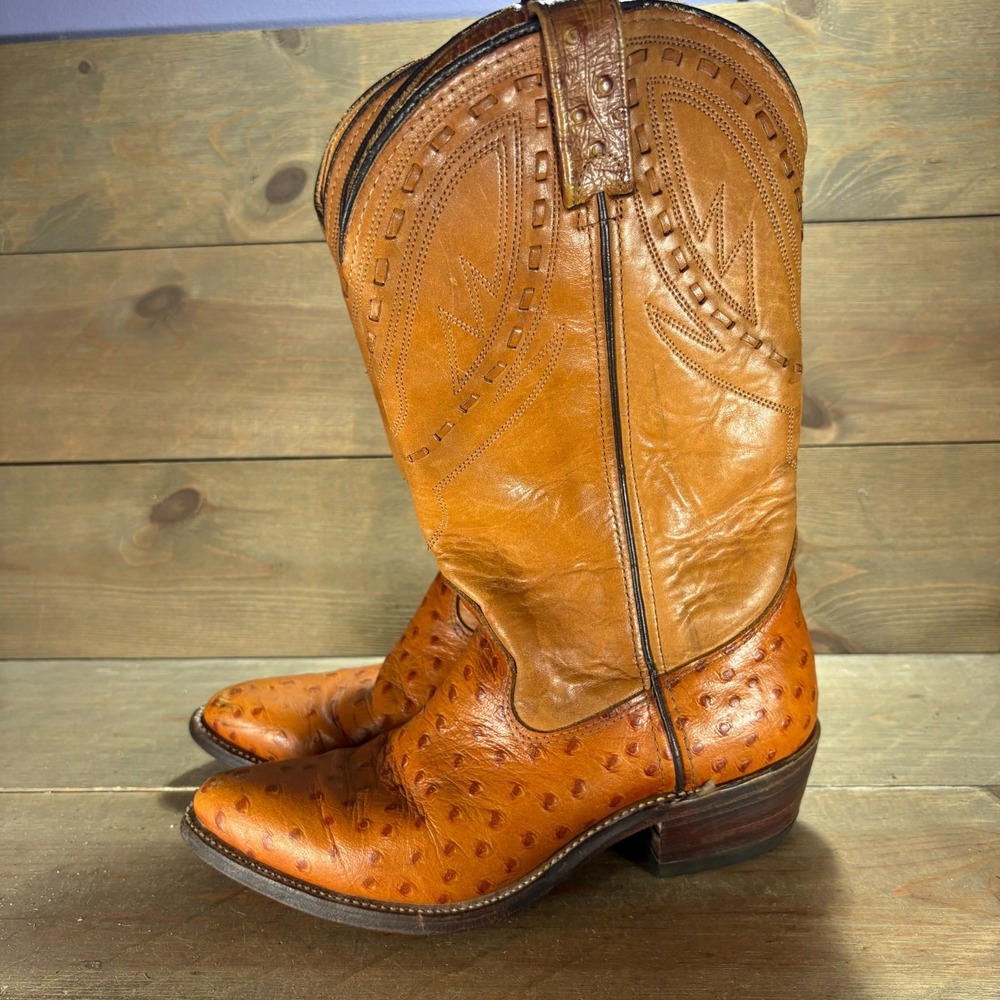 Vintage double H womens size 7 shoes Brown Ostrich Leather Quill cowboy boots